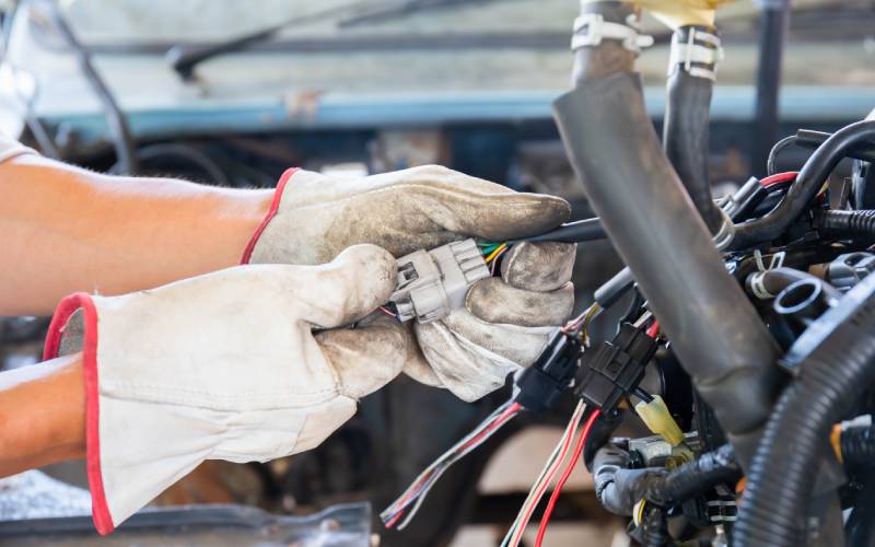 A pair of gloved hands firmly holding a white electrical connector. Several wrapped up wires are coming out of the back of it.