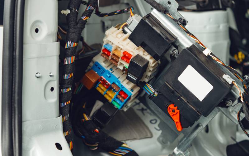 Close up of an electrical system in the trunk of a car. There are several white blocks with multiple wires going through them.