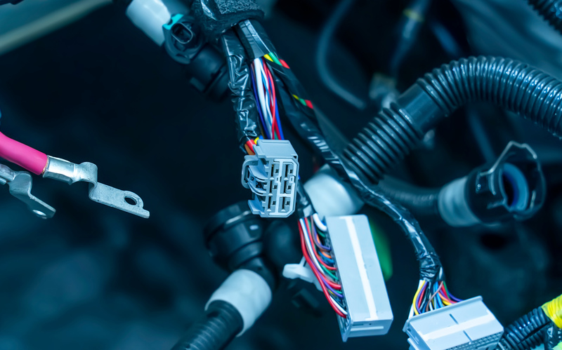A few connectors attached to multicolored wires and other cables in a car's electric system.