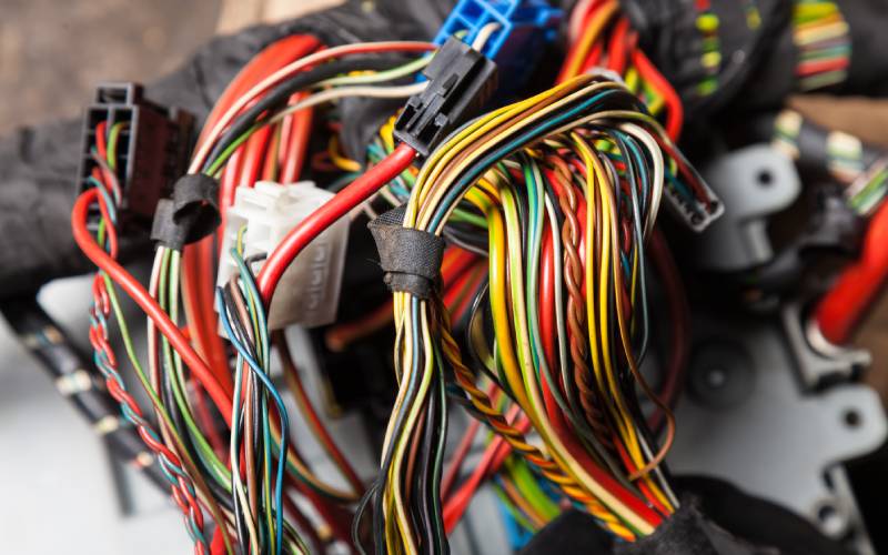 A close-up of many thin, multicolored wires connected to a vehicle&rsquo;s electrical system with plastic connectors.
