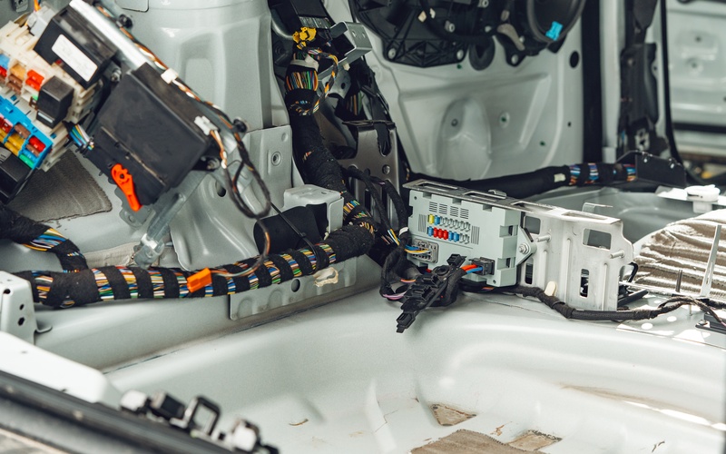 The interior of a white vehicle&rsquo;s electrical system with many colorful wires bound together with black tape.