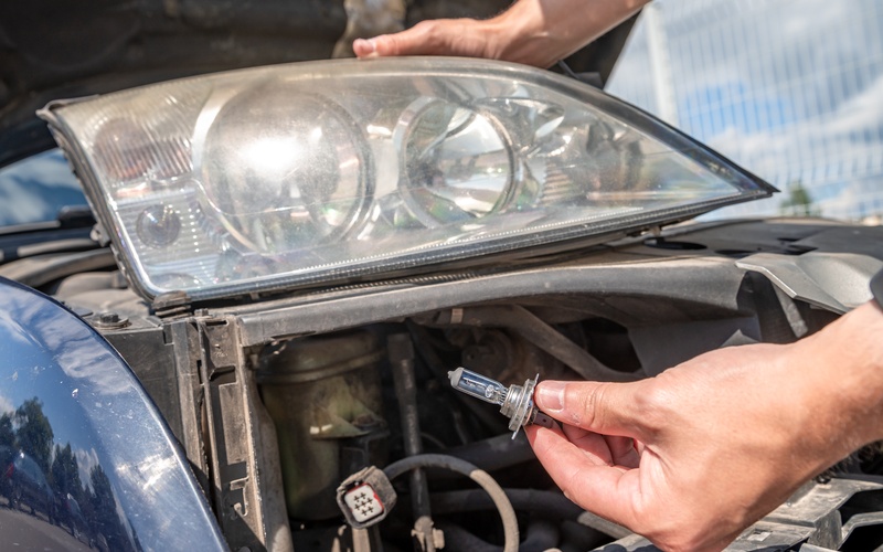 A person holds a small light bulb in one hand and the cover of a car&rsquo;s headlight in the other.