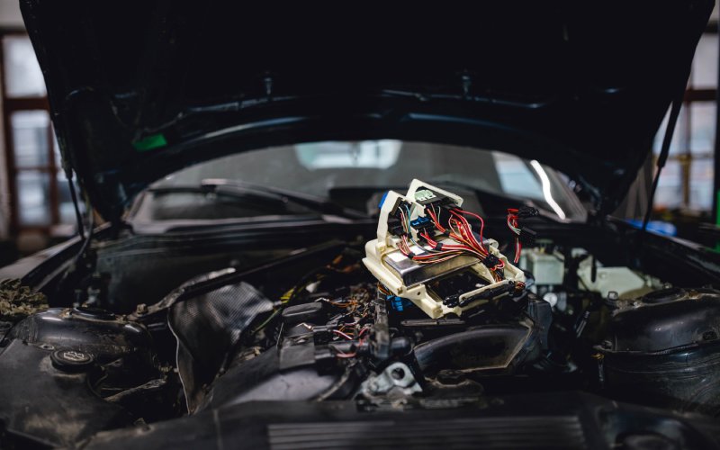 A bundle of car wires sitting on top of a vehicle&rsquo;s engine. The car is parked in a garage.