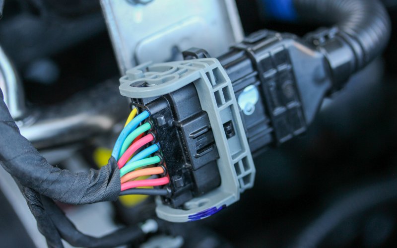 Thin, multicolored wires attached to a black and gray automotive wiring connector in an engine bay.