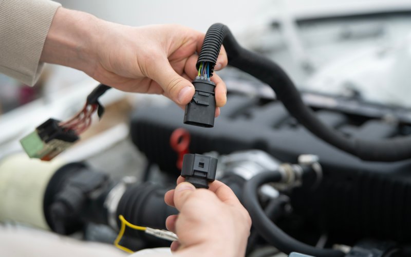 A person using their bare hands to plug two small black automotive connectors together near a car engine.