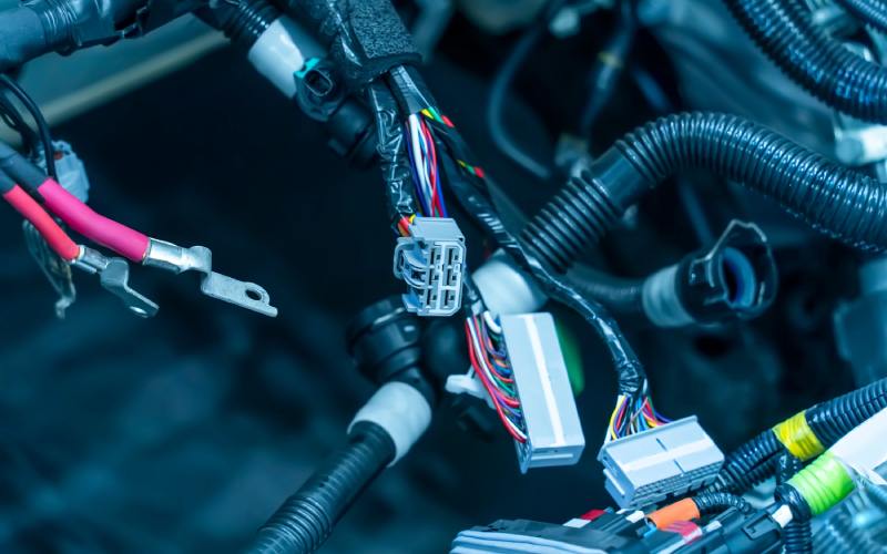 Multiple wires connected to wire connectors and taped with black tape in the electrical system of a vehicle.