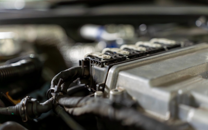 A black automotive connector attached to the metal electronic control unit inside a car&rsquo;s engine bay.