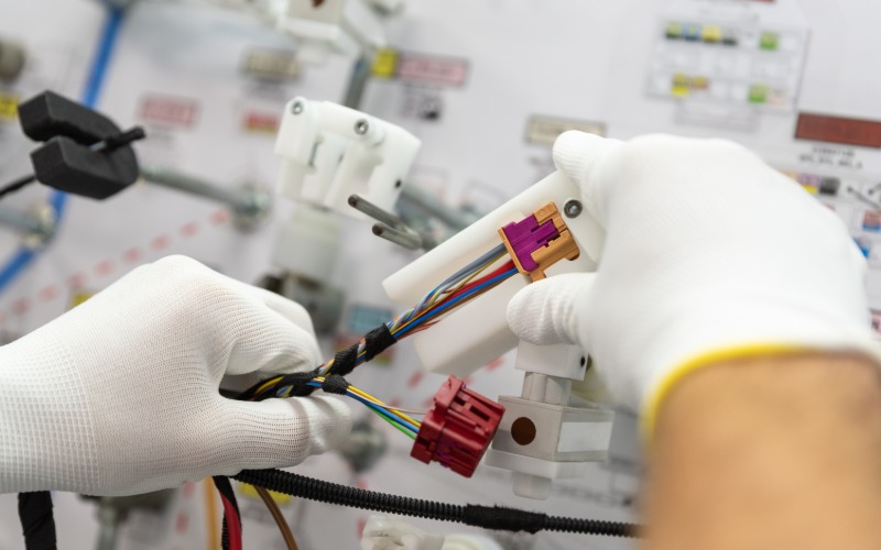 A person wearing white gloves testing automotive connectors in a brightly lit room. The person holds two connectors.