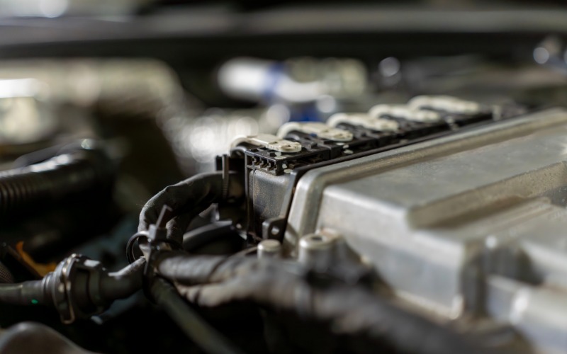 An automotive electrical control unit attached to black connectors under the hood of a car in brightly lit room.