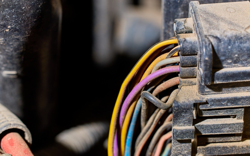 Many colorful cords running out of a dusty wiring harness attached to thick black automotive connectors.