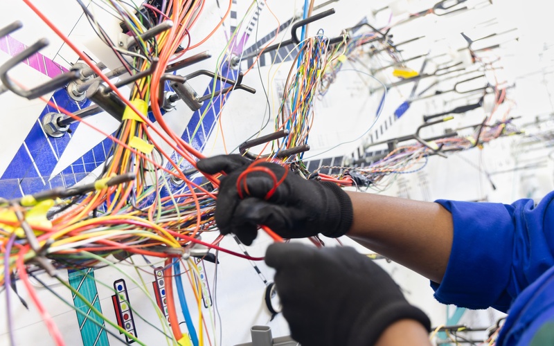 An employee wearing black gloves assembling a massive automotive wiring harness in a brightly lit factory.