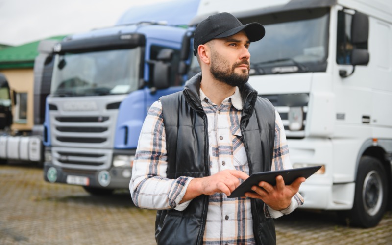 A professional holding a tablet stands outside next to a fleet of large commercial trucks during the daytime.